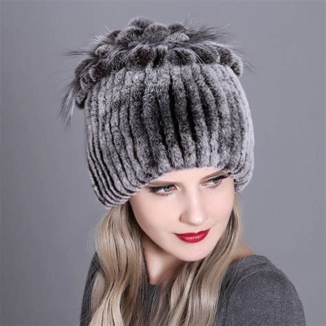 Buy Women Real Rex Rabbit Fur Hats With Fur Flower Trims Natural Rabbit Fur Cap At Affordable