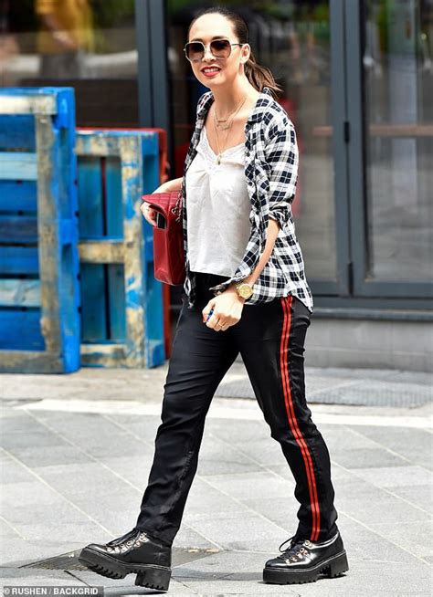 Myleene Klass Opts For Casual Fridays In A White Cami Joggers And Punky Boots Daily Mail Online
