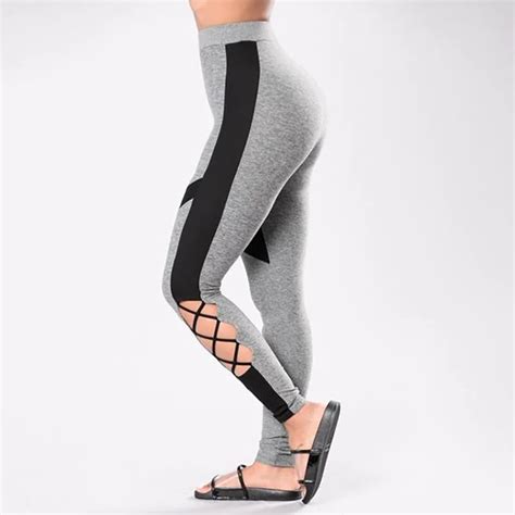 New Style Fashion Slim Fit Patchwork Legging Cool Hollow Out High Waist Gray Leggings In