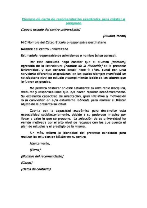 Ejemplo De Carta De Recomendación Académica Para Máster O Posgradodocx