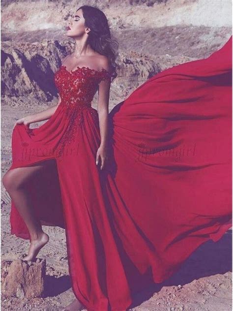 A Line Off The Shoulder Court Train Red Prom Dress With Split Appliques