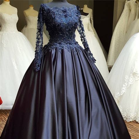 Elegant Lace Beaded Navy Blue Satin Ball Gowns Long