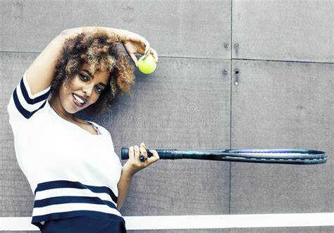 Young Stylish Mulatto Afro American Girl Playing Tennis Sport Healthy Lifestyle People Concept