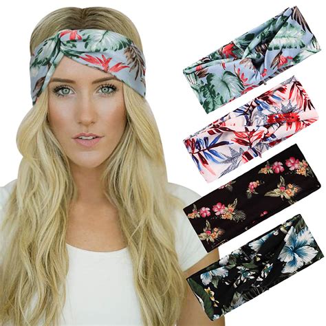 dreshow 4 pack turban headbands for women hair vintage flower printed cross elastic