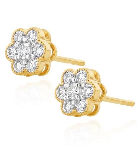 Lab Diamond Flower Cluster Earrings 050ct Set In 9k Gold
