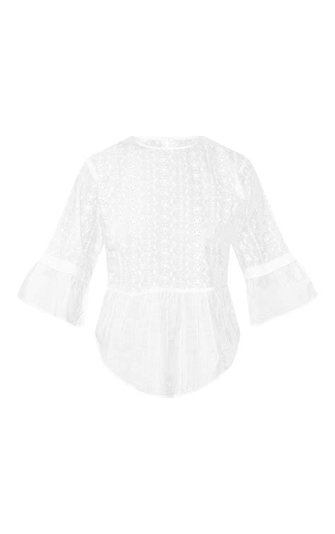 White Broderie Anglaise Crew Neck Smock Top Prettylittlething Usa