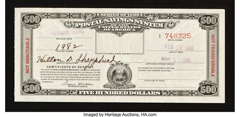 Postal Savings System Series 1939 500 Certificate February 16 Lot