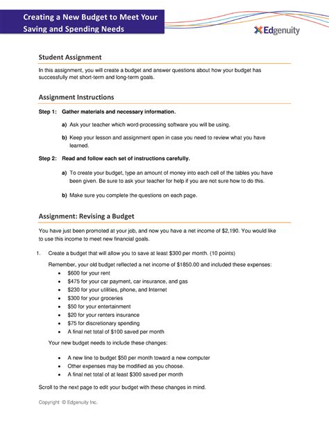 Creating a New Budget Student Assignment - Copyright © Edgenuity Inc