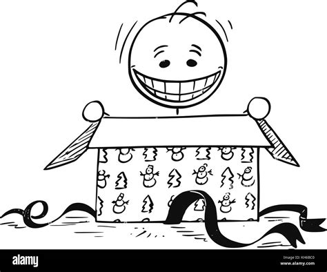 Cartoon Stick Man Ilustración Dibujo De Feliz Sonriente Hombre Mirando En Para Abrir La Caja De