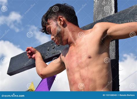 Unidentified Man Playing Role Of Thief Crucified Street Drama