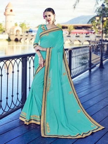 Georgette Royal Sky Blue Color Saree Indian Women Fashions Private
