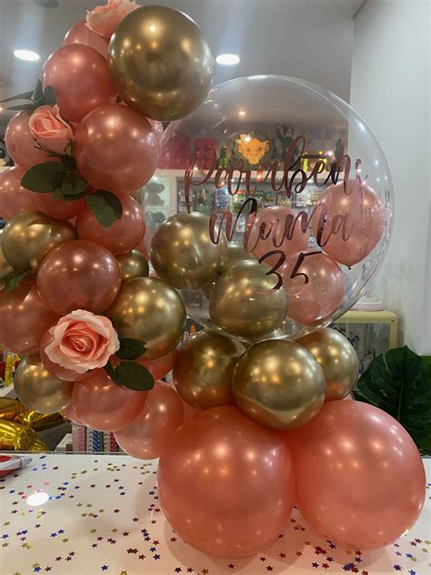 Arranjo Floral Com Balao Bubble Personalizada Rosa Dourado Arca Das