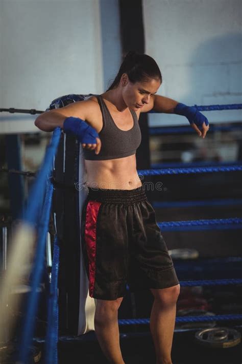 Female Boxer Standing In Boxing Ring Stock Image Image Of Leaning