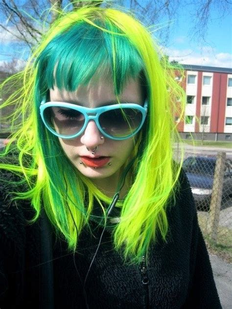 neon green hair yellow hair blue hair hair inspo color hair color style emo bright hair