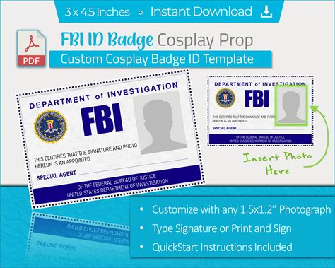 Printable Cosplay Fbi Badge Custom Id Card Prop Replica Etsy