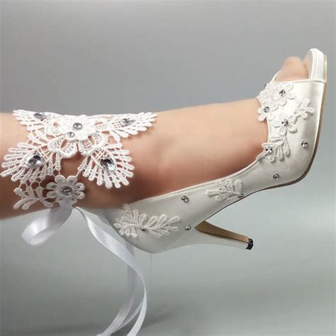 Peep Toe White Lace Up Party Shoes Womens Pumps Fish Toe Wedding Shoes