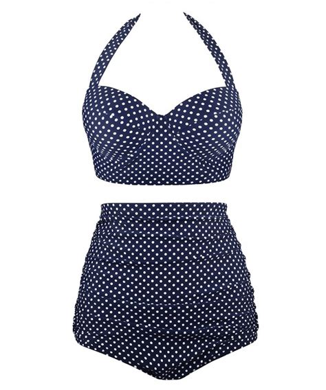 women vintage swimsuits high waisted bikinis bathing suits retro halter underwired top navy