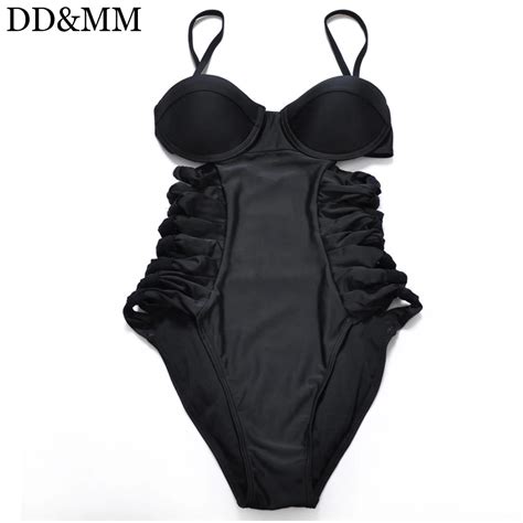 Ddandmm One Piece Swimsuit Women Sexy Bandage Swimwear Black Solid Bikini Bandeau Push Up Swimsuit