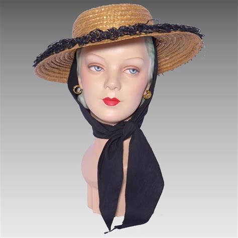 Vintage 1950s Straw Beach Sun Hat Black Raffia Trim And Scarf Sun Hats Vintage Outfits Beach