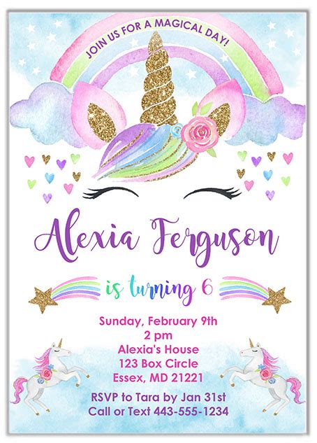 rainbow unicorn birthday party invitations kids birthday
