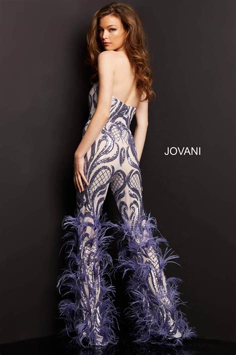 jovani 05669 strapless sweetheart feathered jumpsuit couture candy