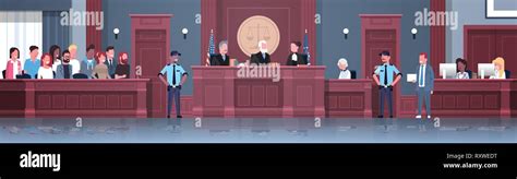 Law Process With Judge Jury Suspect And Police Officers Lawyer Or