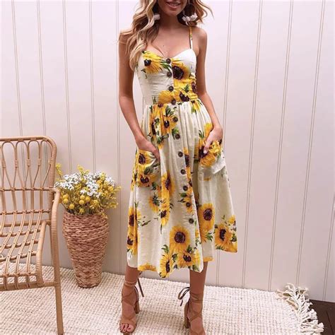 boho sunflower floral print summer dress 2019 women sexy v neck sleeveless strap midi dress