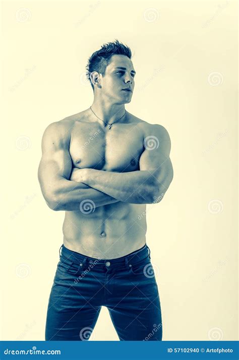 Handsome Topless Muscular Man Standing Studio Stock Photo Image