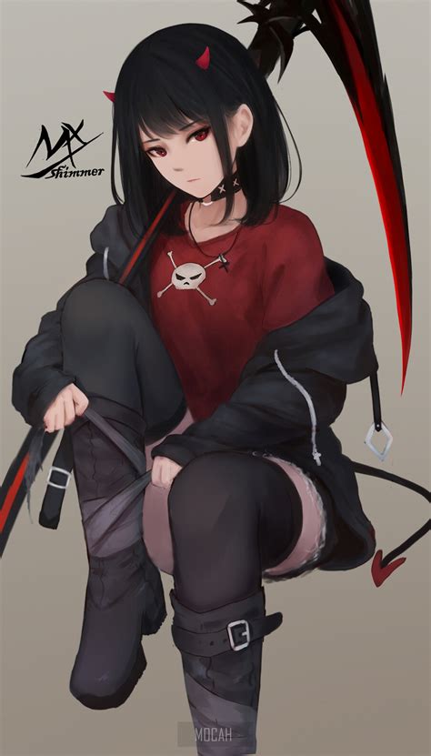 Anime Girl Anime Original Character Horns Mx Shimmer Red Eyes Dark Hair 1711x3000 Hd