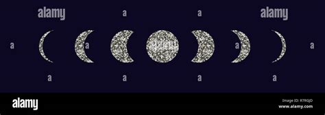 Moon Phases Icons Set Dark Blue Background Silhouette Of Silver