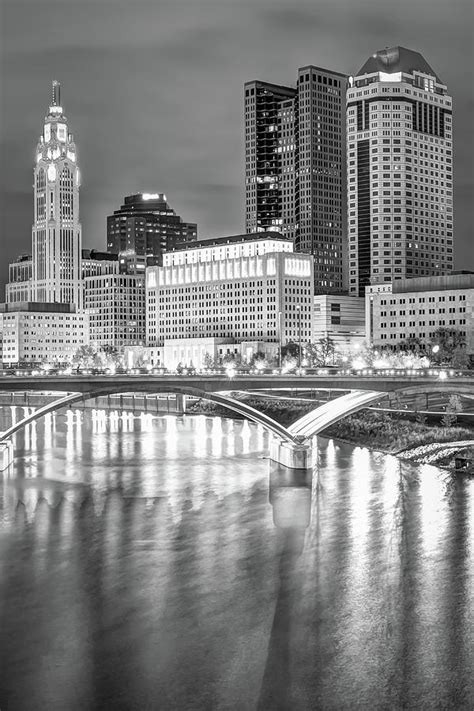 Downtown Columbus Skyline And Bridge In Black And White Photograph By