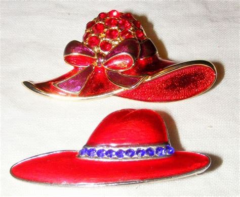 Pr Vintage Red Hat Society Enamel Rhinestone Figural Brooches Pins 5