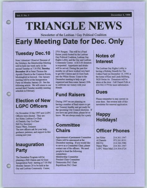 Triangle News Newsletter Of The Lesbian Gay Political Coalition Vol 5 No 1 December 4