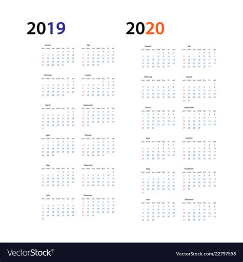 Year 2019 And Year 2020 Calendar Horizontal Vector Image