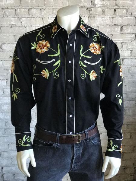 Rockmount Mens Floral Embroidery Cotton Gabardine Black Western Shirt