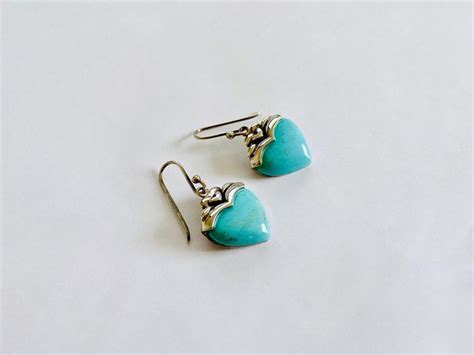 Vintage Heart Shaped Dangle Earrings Faux Turquoise In Sterling Silver