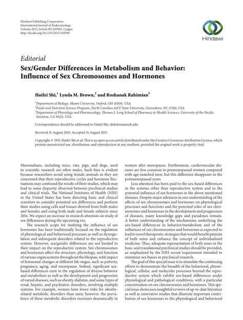 Pdf Sex Gender Differences In Metabolism And Behavior Influence Of Sex Chromosomes And Hormones