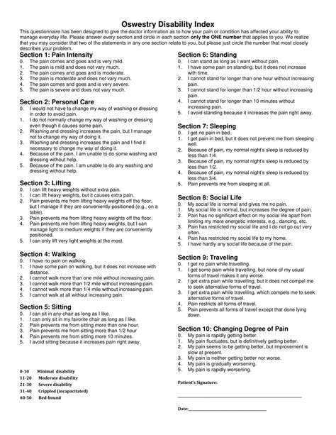 Oswestry Disability Index Questionnaire Template Download Printable Pdf