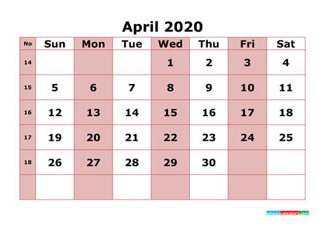 Printable April 2020 Calendar With Week Numbers
