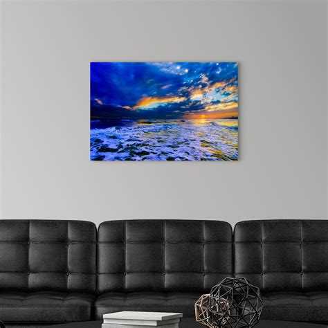 Blue Beach Sunset Dark And Stormy Sea Wall Art Canvas Prints Framed