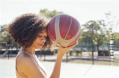 Stylish Cool Teen Girl Gathering At Basketball Court Playing Basketball Outdoors Stock Image