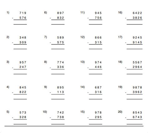 sample vertical subtraction worksheet templates   ms word