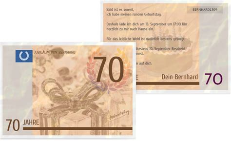 Ohne software im kartenkonfigurator die einladungen einfach online erstellen und drucken lassen. Einladungskarte zum Geburtstag Geldschein 70 ...