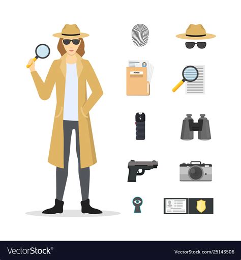 Cartoon Character Female Detective And Icon Set Vector Image