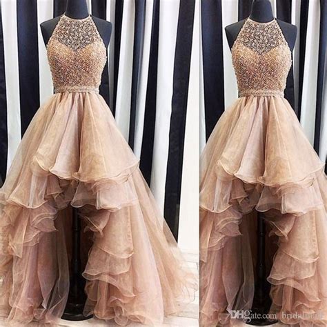 2017 High Low Gold Prom Dresses Crystals Halter Beaded