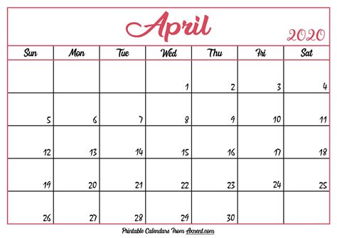 Among them, we can note the plum tree or the cherry tree, whose beautiful white flowers adorn all gardens until the beginning of the following month. Printable April 2020 Calendar Template - Time Management ...