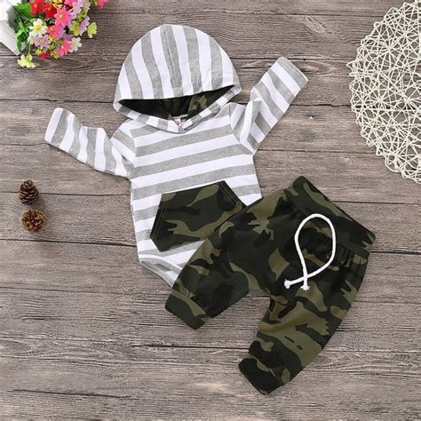 Baby Boy Stripe Hooded Bodysuit And Camo Drawstring Pants In 2020 Kids