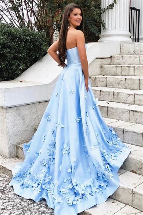 princess a line strapless blue satin sleeveless prom dresses with pockets evening dresses p1148