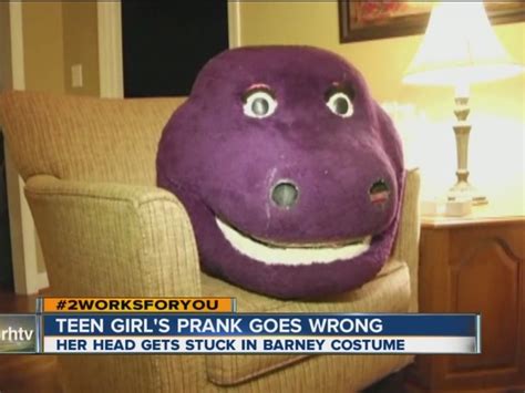 Watch Teen Gets Barney Head Stuck During Prank