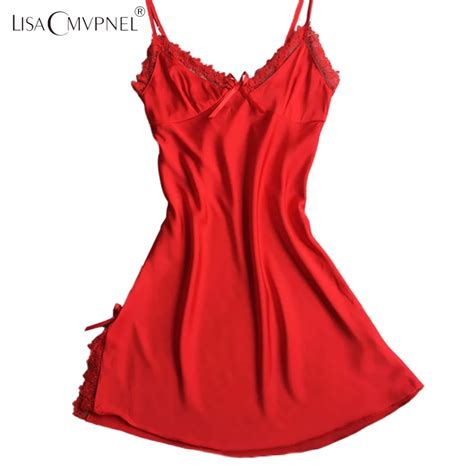 Lisacmvpnel Lace Sexy Elegant Women Nightgown Solid Spaghetti Strap V Neck Female Nightwear
